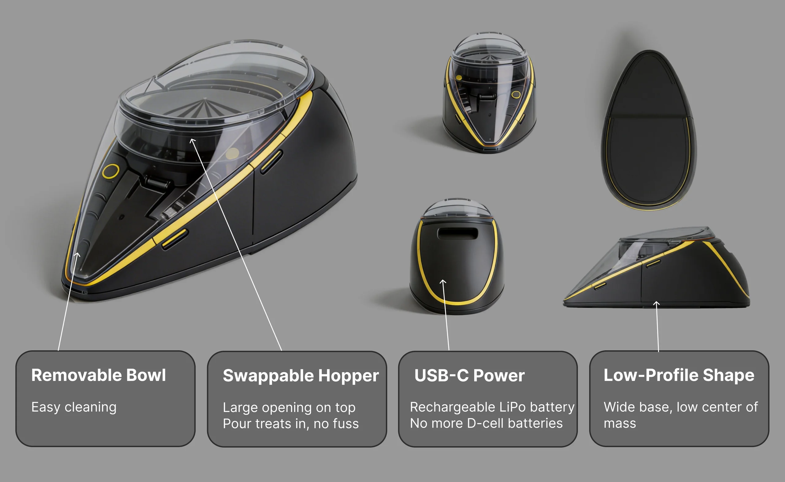 The CuePo device — final 3D render showing removable bowl, swappable hopper, USB-C power, and low-profile shape