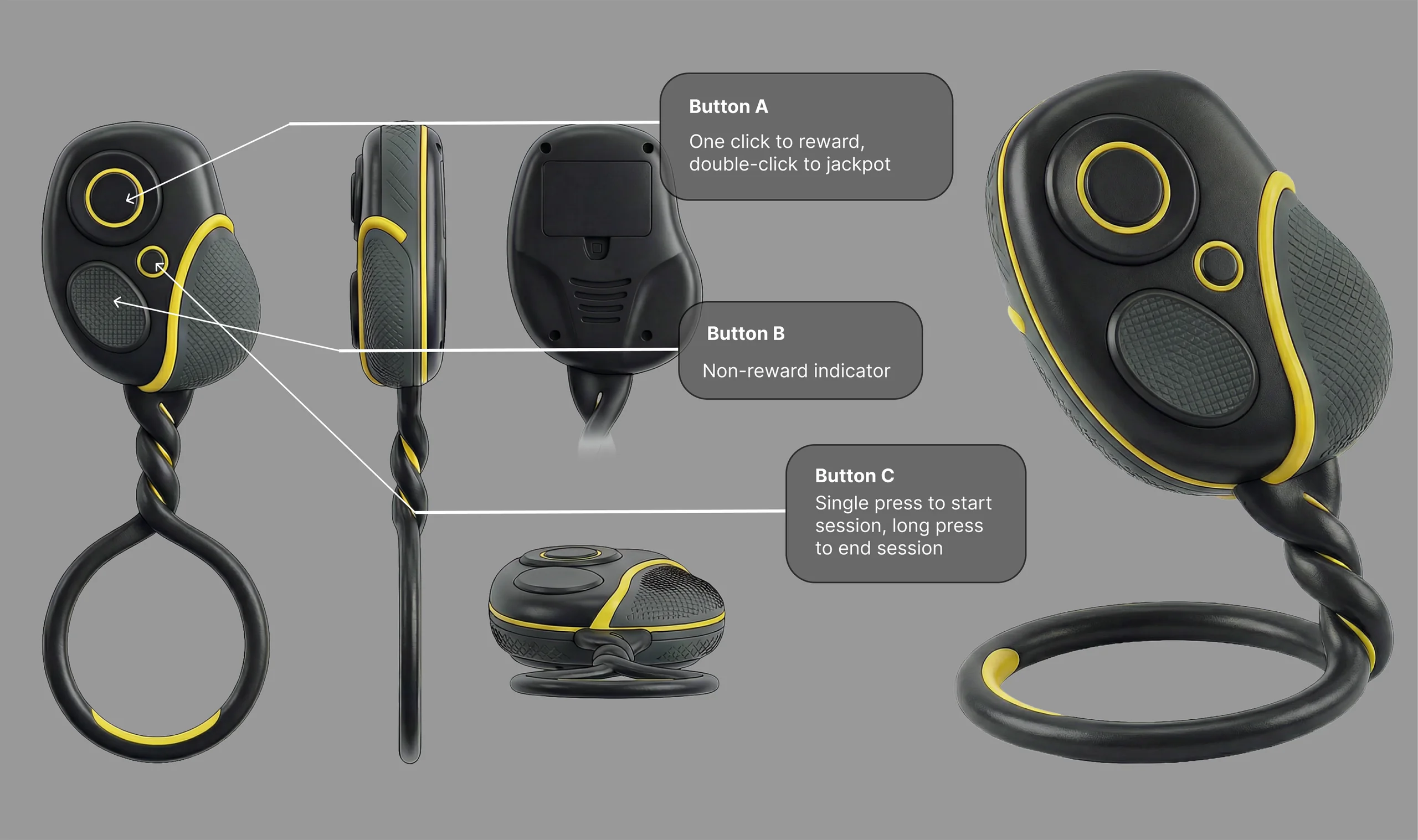 The Remote — final 3D render showing three-button layout with wrist lanyard loop and ergonomic grip