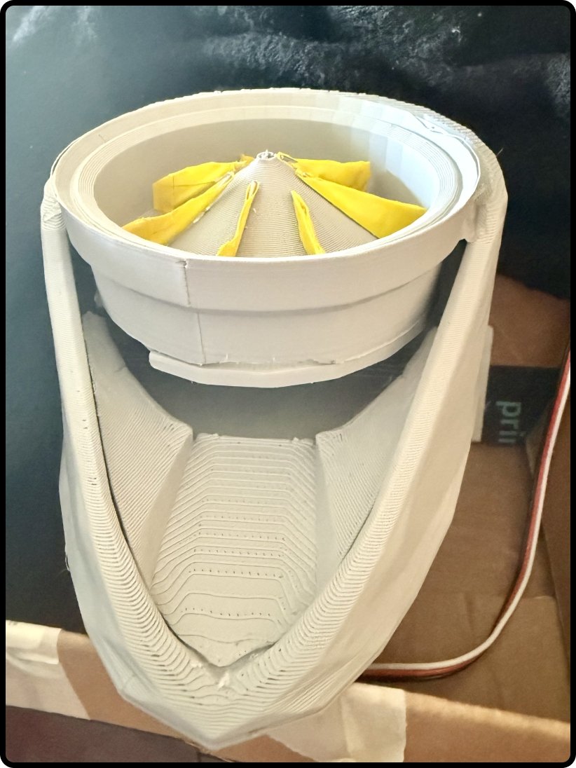 Final 3D-printed CuePo housing with agitator visible inside and wiring coming out the bottom