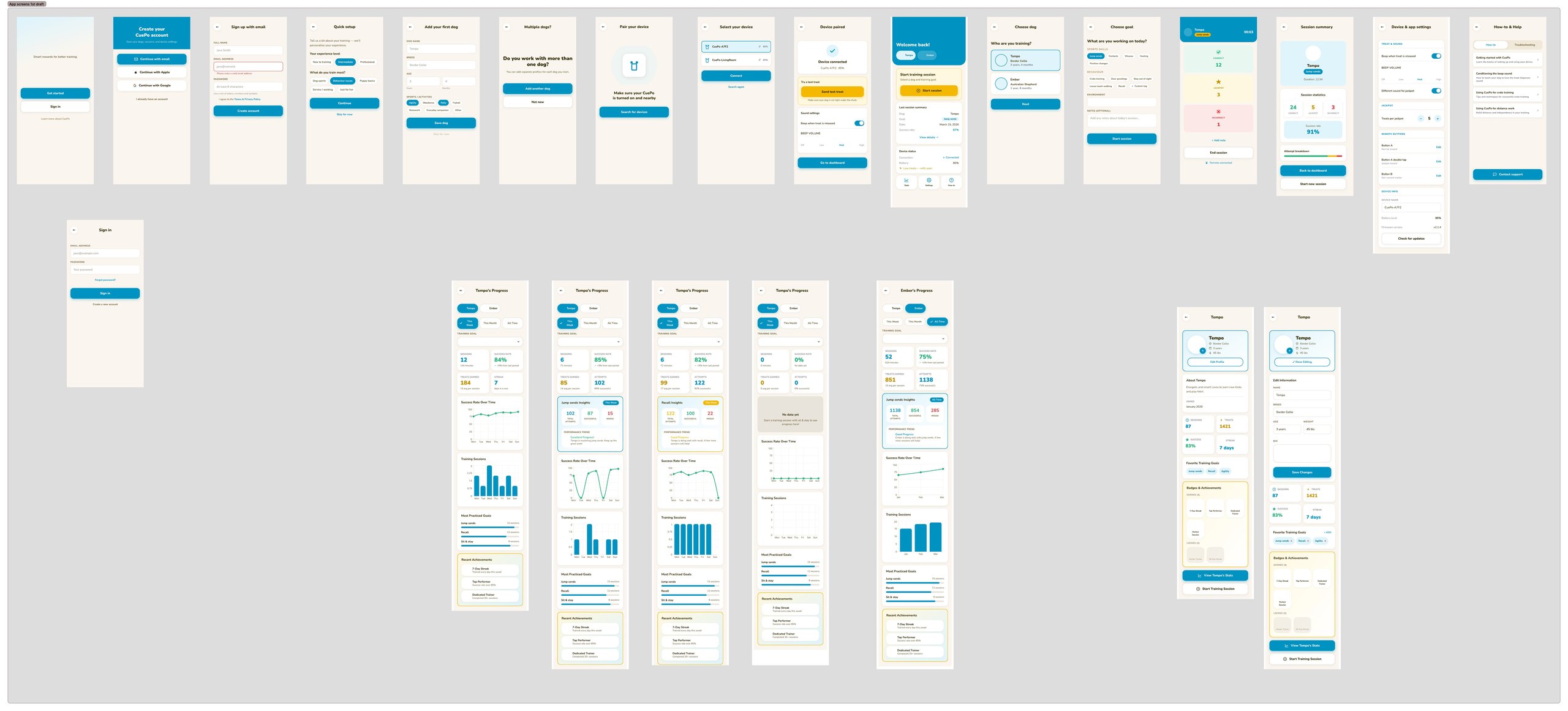 Early CuePo app wireframe screens — initial layout exploration before full-fidelity Figma design