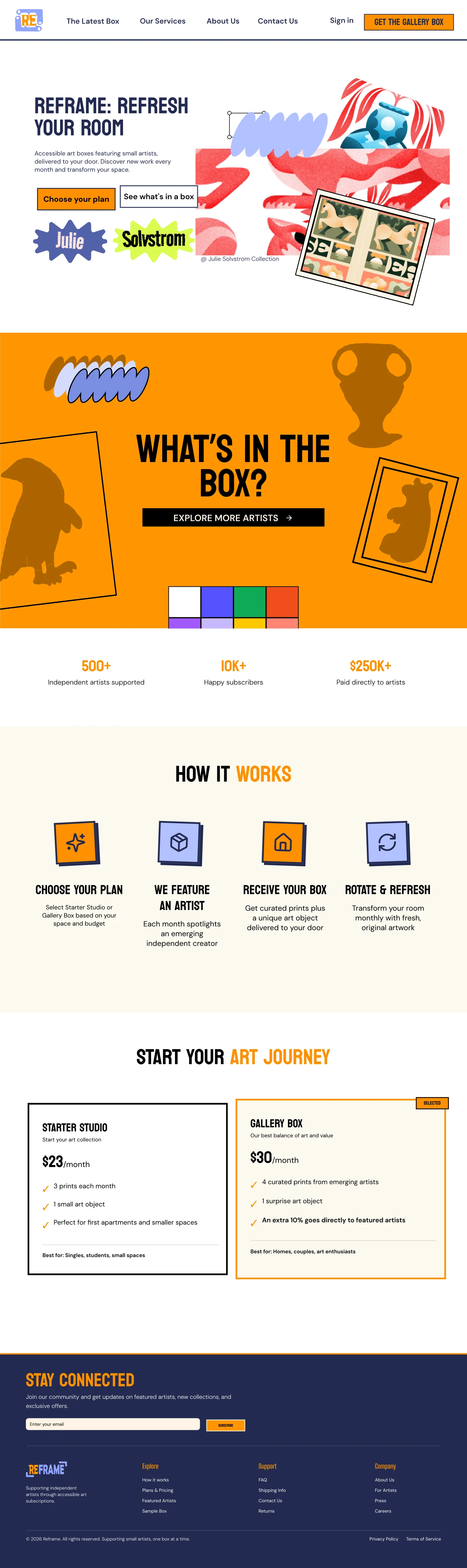 ReFrame homepage design — hero, subscription pitch, and artist spotlight sections